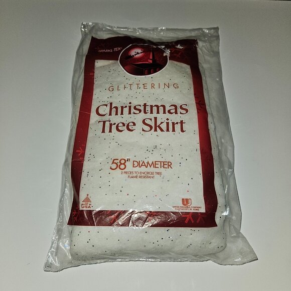 NOS Sparkl-Tex Glittering Christmas Tree Skirt 58" Diameter (in 2 pieces) White - Picture 1 of 6
